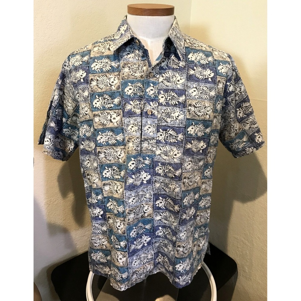 Kahala by HRH Hawaii Mens Large Blue Fish Skeleton Aloha Shirt Short Sleeve